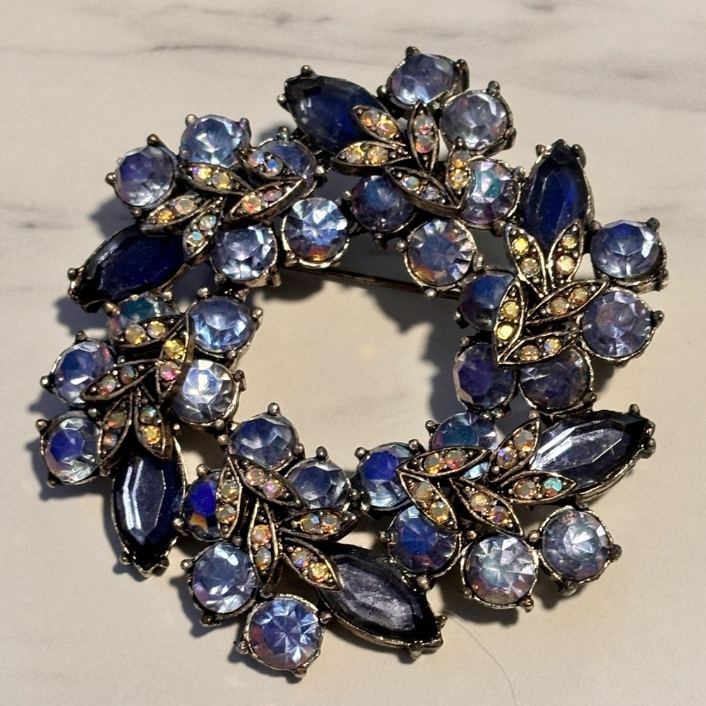 Vintage large Ab rhinestone crystals shades of blue wreath style  brooch